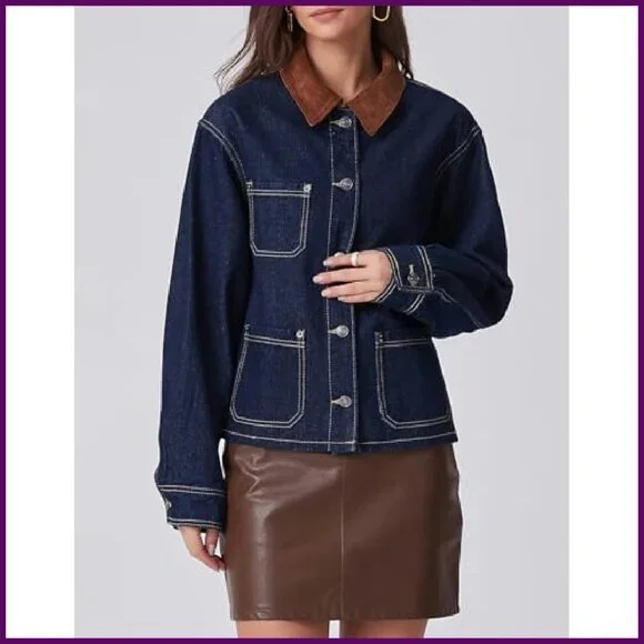 Vintage Denim Jacket with Corduroy Collar Loose Fit Button Down Shacket